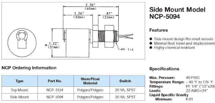 NC - Mechanical Float Level Switches