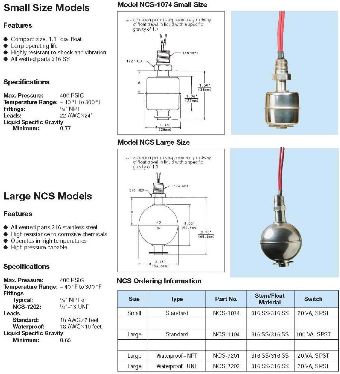 NC - Mechanical Float Level Switches